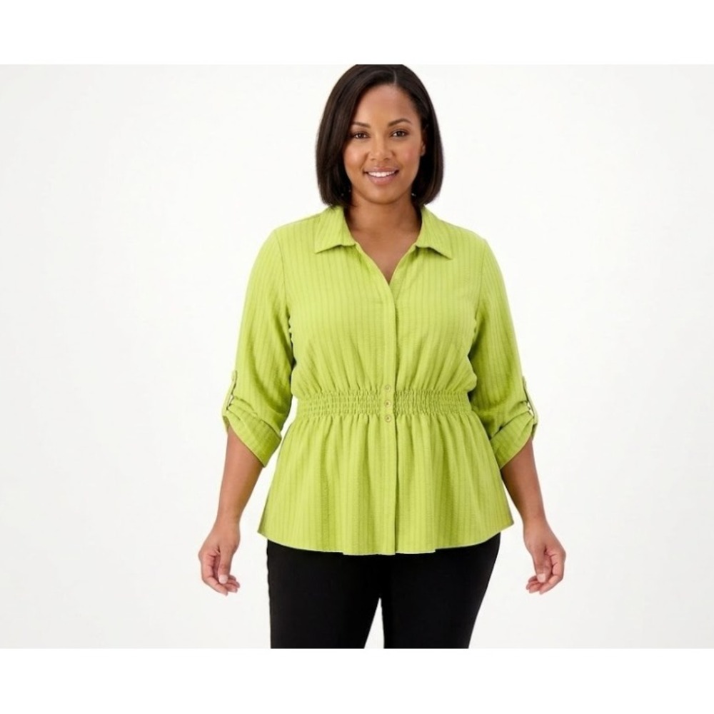 Alex & Parker Bright Green‎ Rolled Tab Elastic Waist Button Down XL